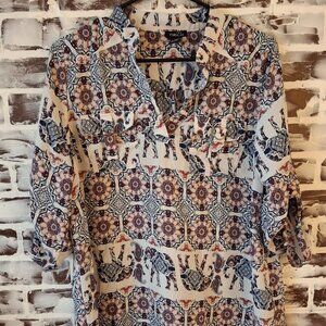 Rue 21 Large Blouse Top Roll 3/4 Sleeves Elephant Print Geometric Pockets